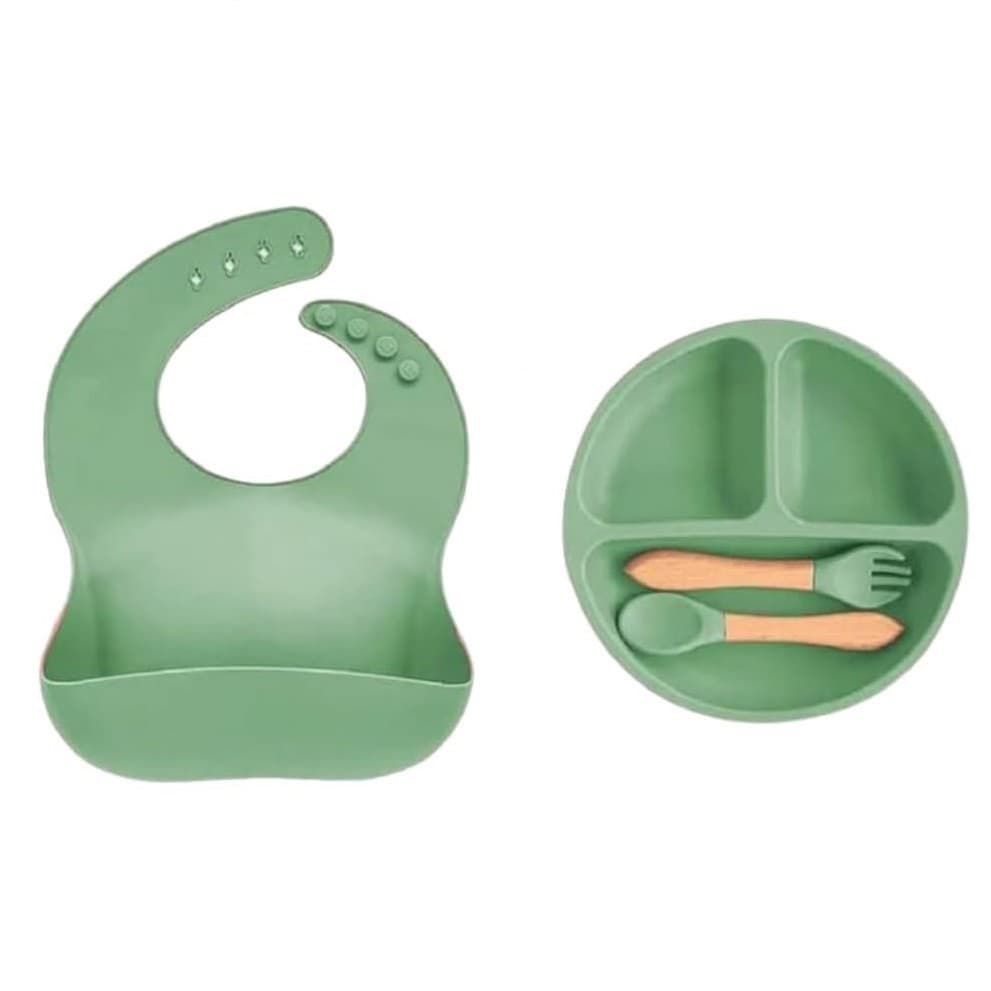 Kit Prato Alimentação Infantil Prato Babador Colher e Garfo Silicone Verde