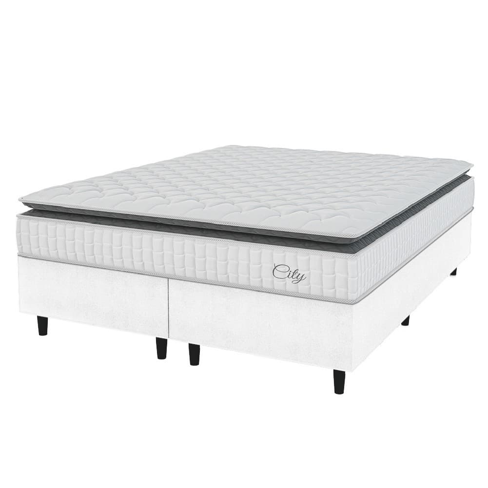 Cama Box Colchão Casal Queen Molas Ensacadas City Pillow Top 158x198x61cm Linho Branco/Preto Hellen