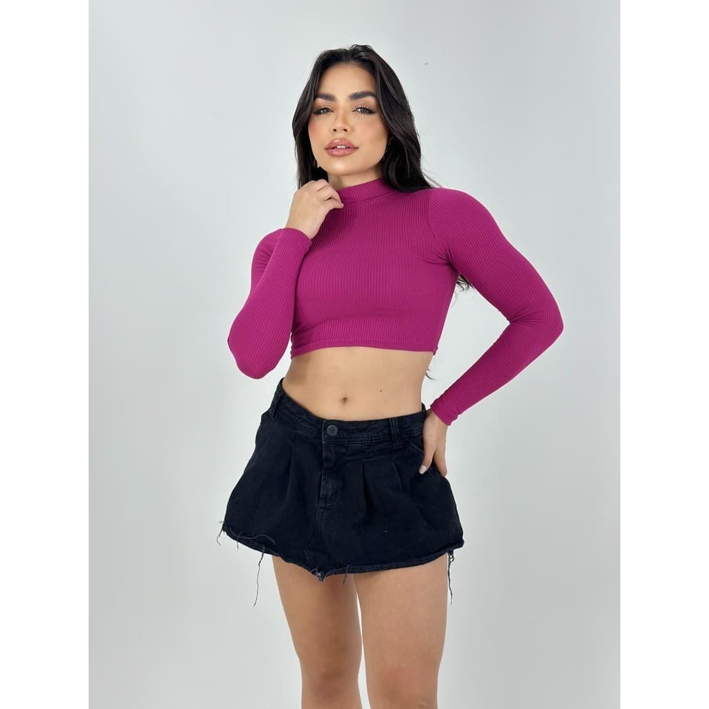 Blusa Cropped Manga Longa Gola Alta Frio Social Segunda Pele Blusinha Básica Trabalho Festas Dia-a-dia