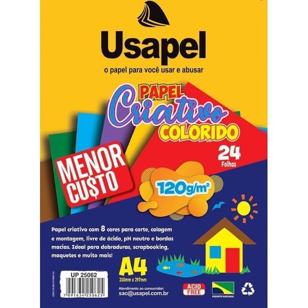 Papel Criativo Colorido 8 Cores 24 Folhas A4  120g/m² Usapel