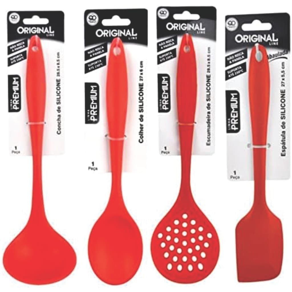 Jogo Silicone Concha Colher Escumadeira Espátula Vermelho Preto Cozinha