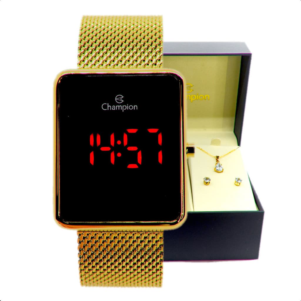 Relógio De Pulso Digital Champion Dourado Feminino original  C/ kit bijuterias Brinde garantia 12 meses lindo presente