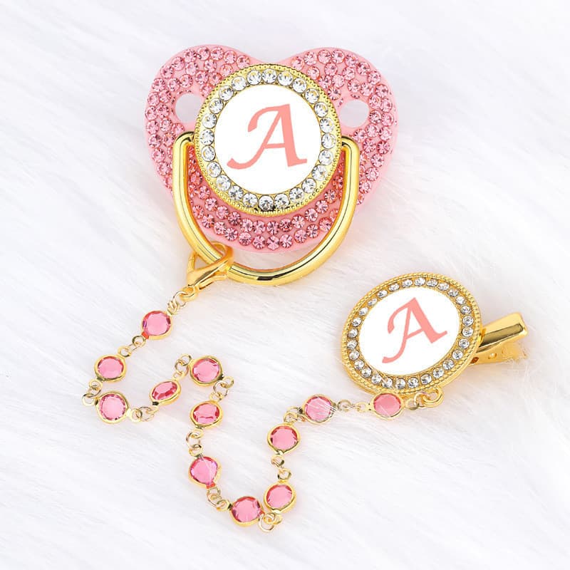 Chupeta De Bebê Rosa Com 26 Letras Iniciais E Clipe De Corrente De Diamante