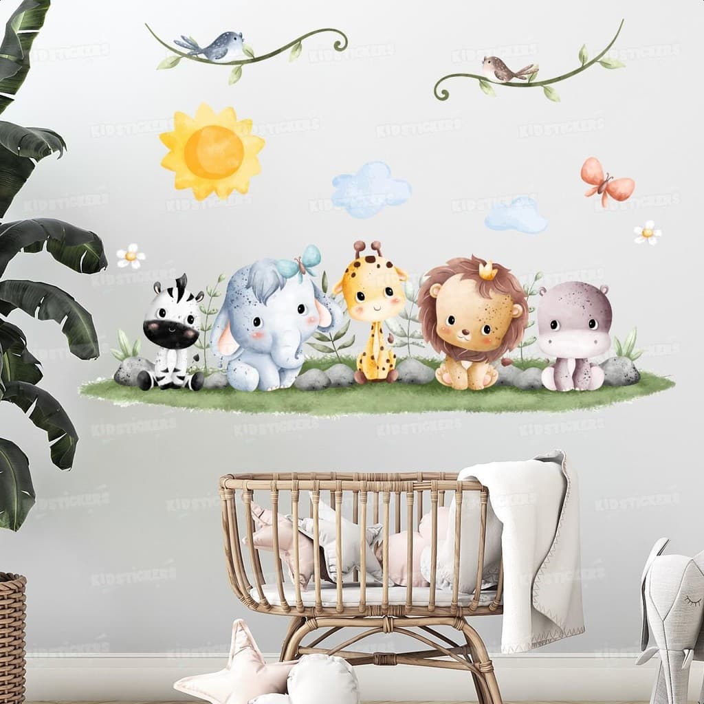 Adesivo de Parede Safari Infantil Papel de Parede Animais da Selva Quarto Bebê Kids Brinquedoteca
