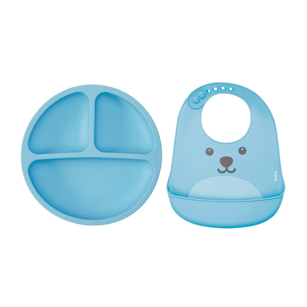 Buba Kit 2un - 1un Pratinho em Silicone + 1un Babador de Silicone  - Azul