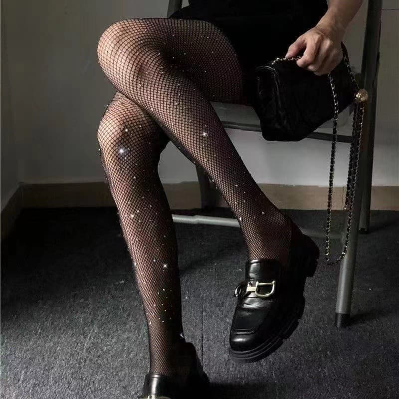 Meia Calça Arrastão Feminina Longa Perna Com Strass Cristal