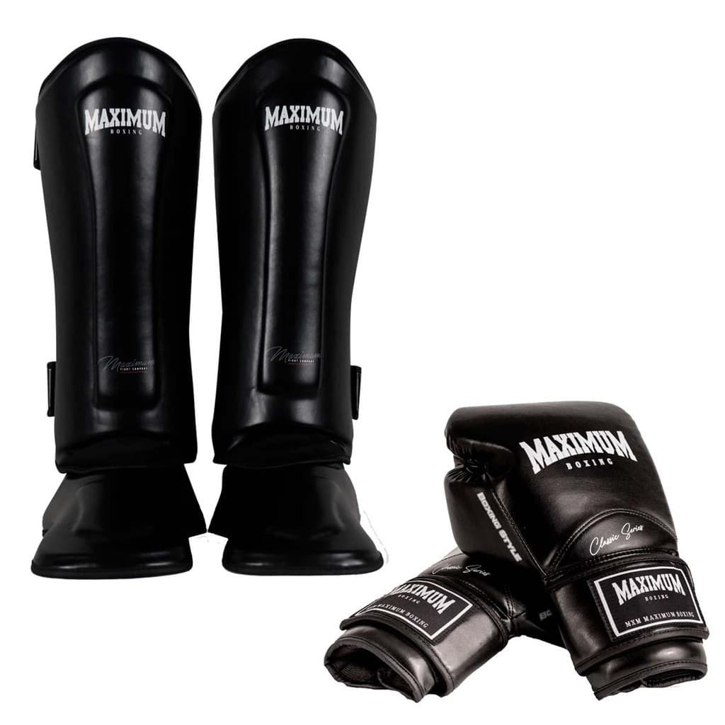 Luva New Classic Muay Thai Boxe + Caneleira Black - Maximum