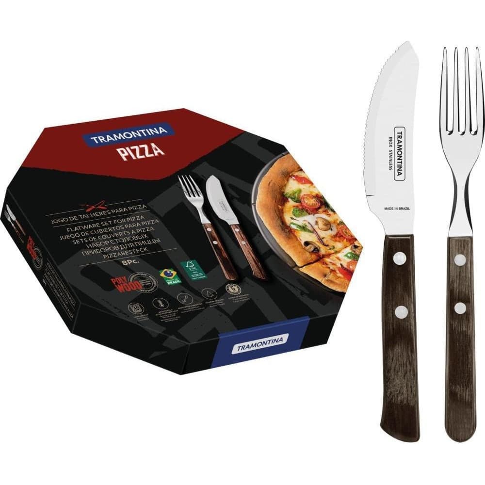 Jogo Talheres Pizza Aço Inox E Madeira 8 Peças Tramontina