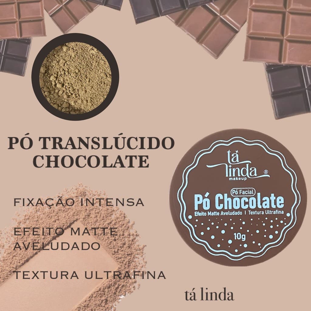 Pó Solto Translúcido Facial Chocolate Efeito Matte Aveludado e Textura Fina  Tá Linda