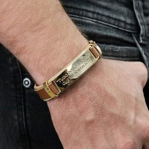 Pulseiras Bracelete Masculino Feminino Couro Sintético Aço Inox Folheado ouro 18k Tudo Posso