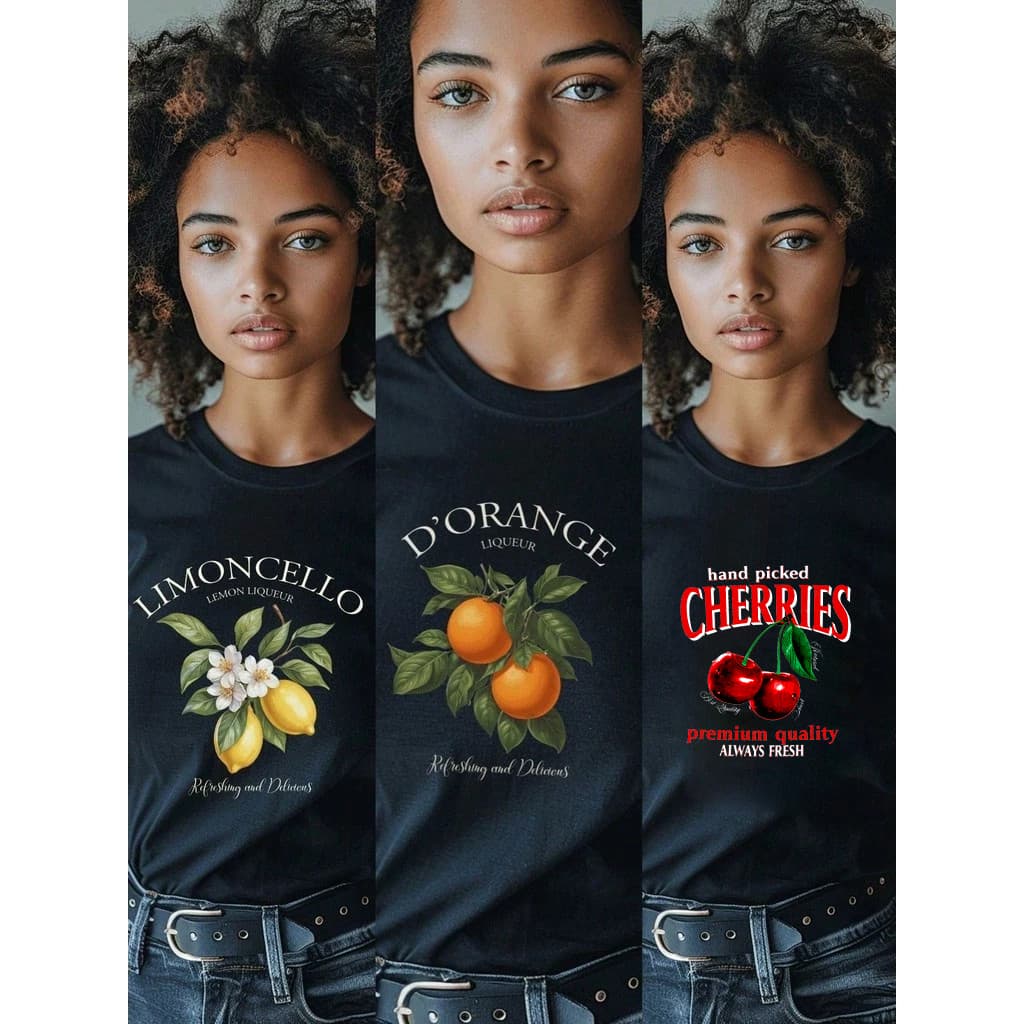 Camisetas Feminina 100% Algodão Estampada Minimalista Blusa T-Shirt Feminina Limão Cereja Laranja Lançamento