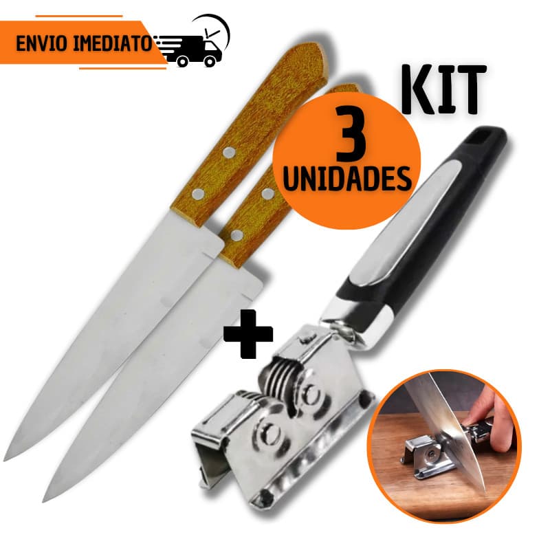 Jogo Facas Madeira 6" + Amolador Afiador Profissional Casa Cozinha Restaurante Chef Açougue