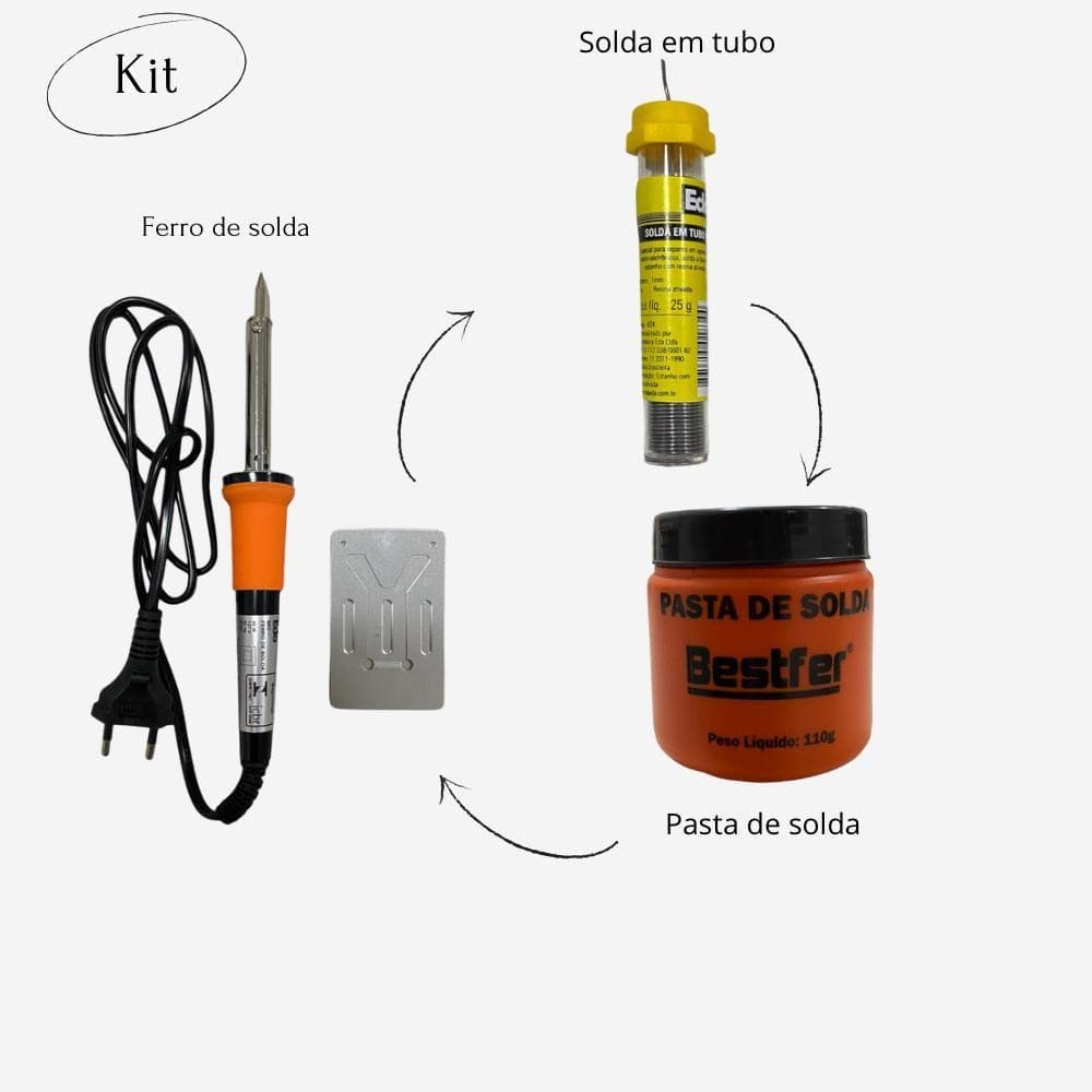 Kit Ferro De Solda Soldar Soldador 60w Estanho + Suporte Homologado Pelo Inmetro 110 ou 220v