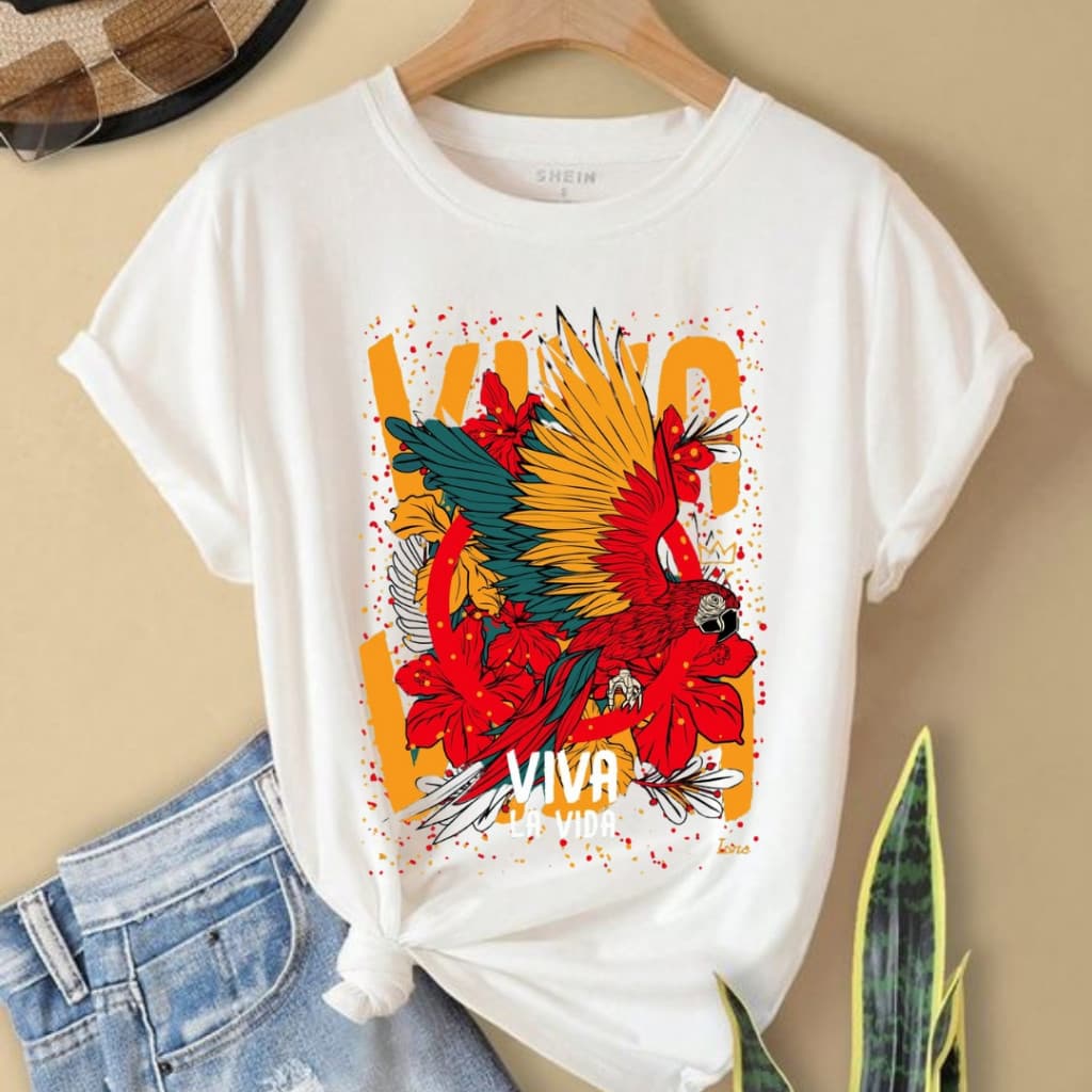 Camiseta Unissex Masculina e Feminina Tropical ARARA VIVA LA VIDA  Em Alta Leve Confortável