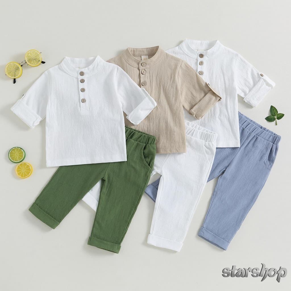 Starshop-Kids Boys Summer Outfits Botões De Cor Sólida Camisas De Manga Curta E Calças Elásticas De Cintura Longa 2Pcs Conjunto De Roupas