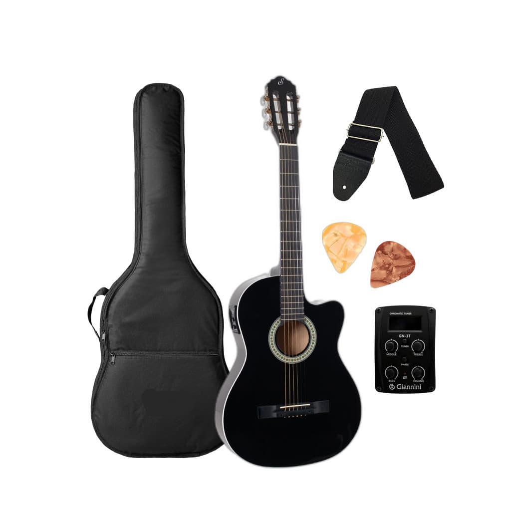 Violão Eletrico Preto Aço Flat Giannini Start SF-14 BK e acessórios