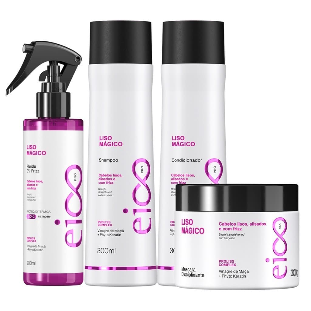 Kit Eico Pro Liso Mágico Shampoo Condicionador 300ml Tratamento Máscara 300g Spray Finalizador 200ml