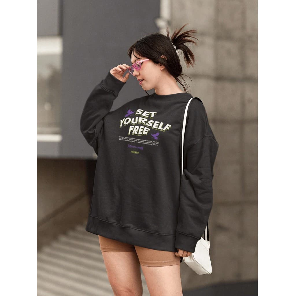 Moletom Blusa de Frio Básico Estiloso Feminino Estampado Gola Redonda Confortável 100% Algodão - Set Yourself Free