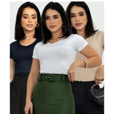 Kit 3 Blusa Gola V Básica Lisa Manga Curta Básica