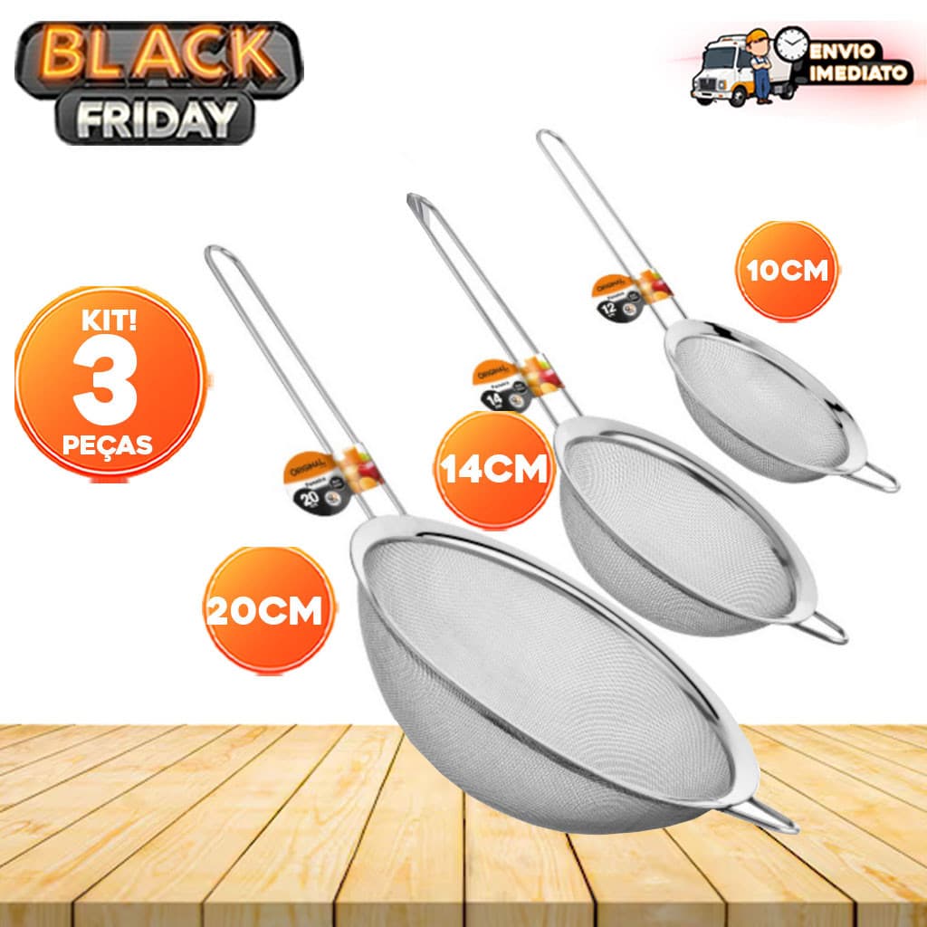 Kit 03 Peneiras Coador Manual em Aço Inox para Cozinha – 10cm, 14cm, 20cm