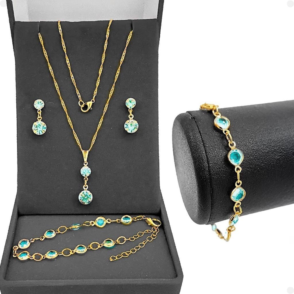 Corrente Colar Veneziana + pingente + brincos + pulseira banhada strass azul presente aço inoxidável