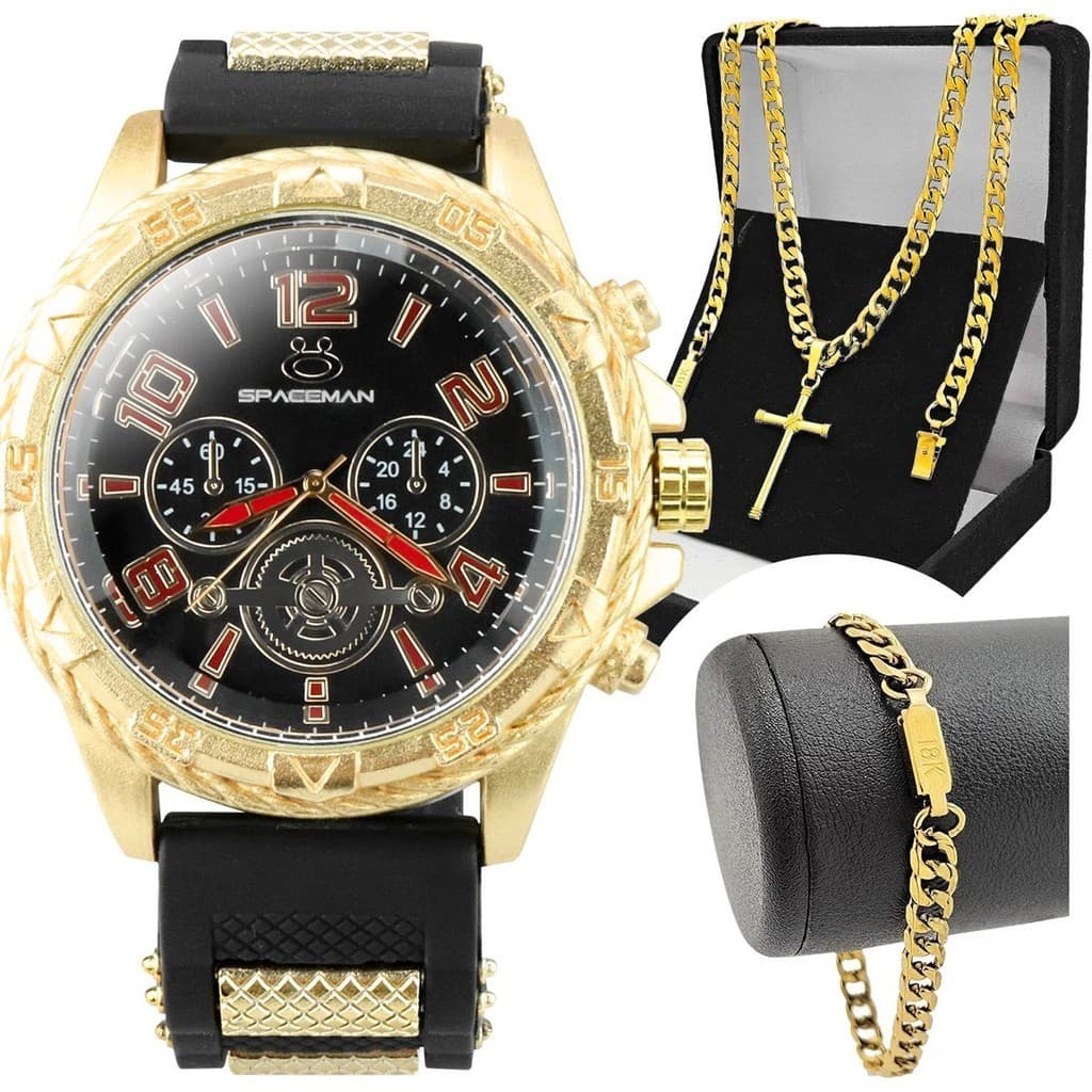 Relogio masculino banhado + cordão crucifixo qualidade premium pulseira ajustavel religioso grumet