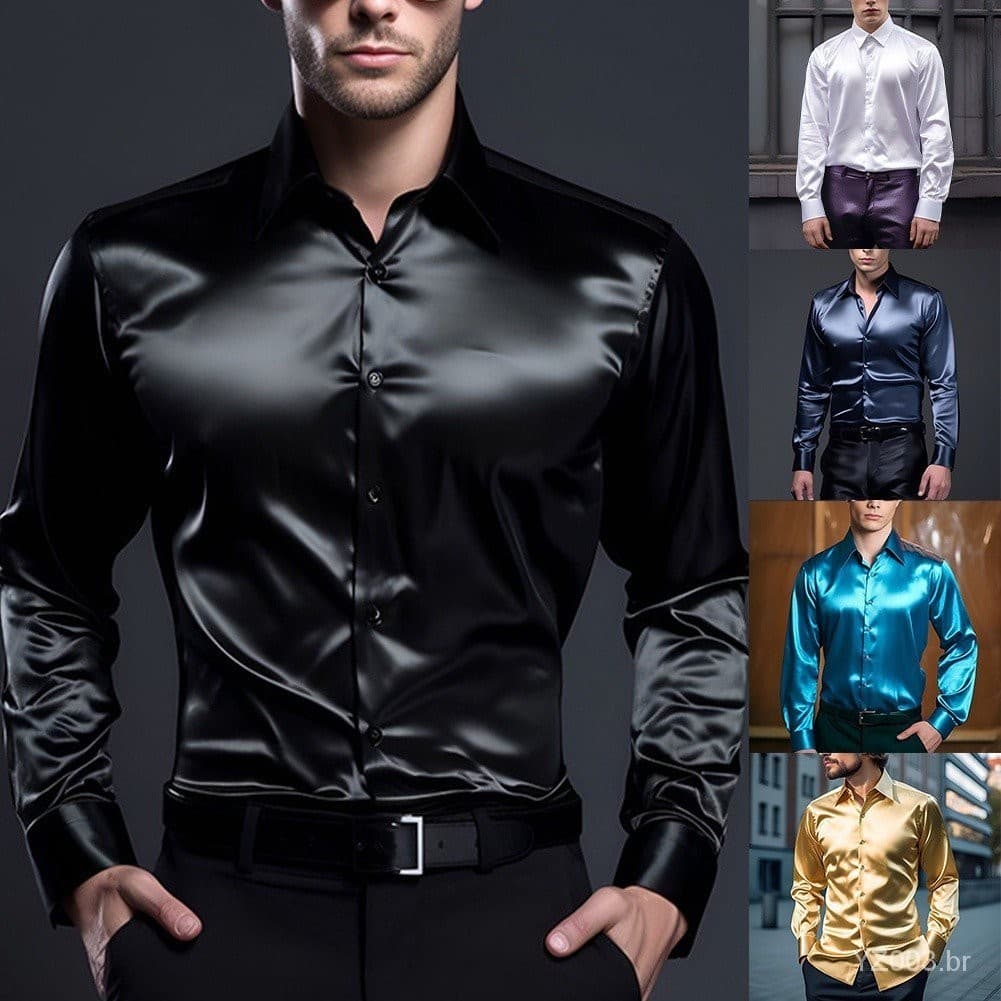 (Em Stock) Casual Botão De Seda De Cetim Camisa Slim Fit Festa Camisas De Manga Longa