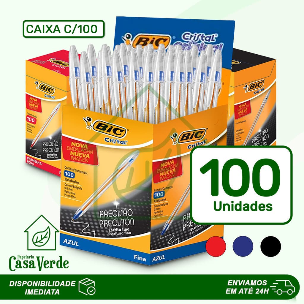 Caixa 100 Canetas Bic Cristal Esferográficas 0.8mm Ponta Fina Cor Azul, Preto ou Vermelho