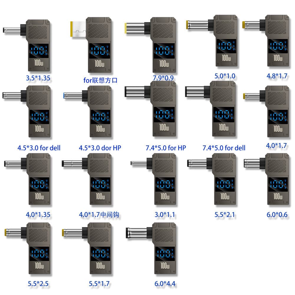 Adaptador PD 100W Tipo-C para DC 4.5x3.0 7.4x5.0 4.0x1.7 5.5x2.5 11.0x4.5 para Notebook HP/Lenovo, com LED Display
