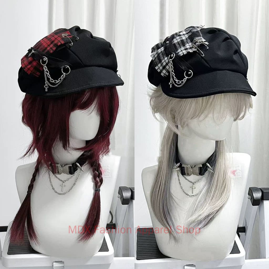 Boina Xadrez Escura Neutra Original Y2k Subcultura Punk Millennium Spicy Girl Cross