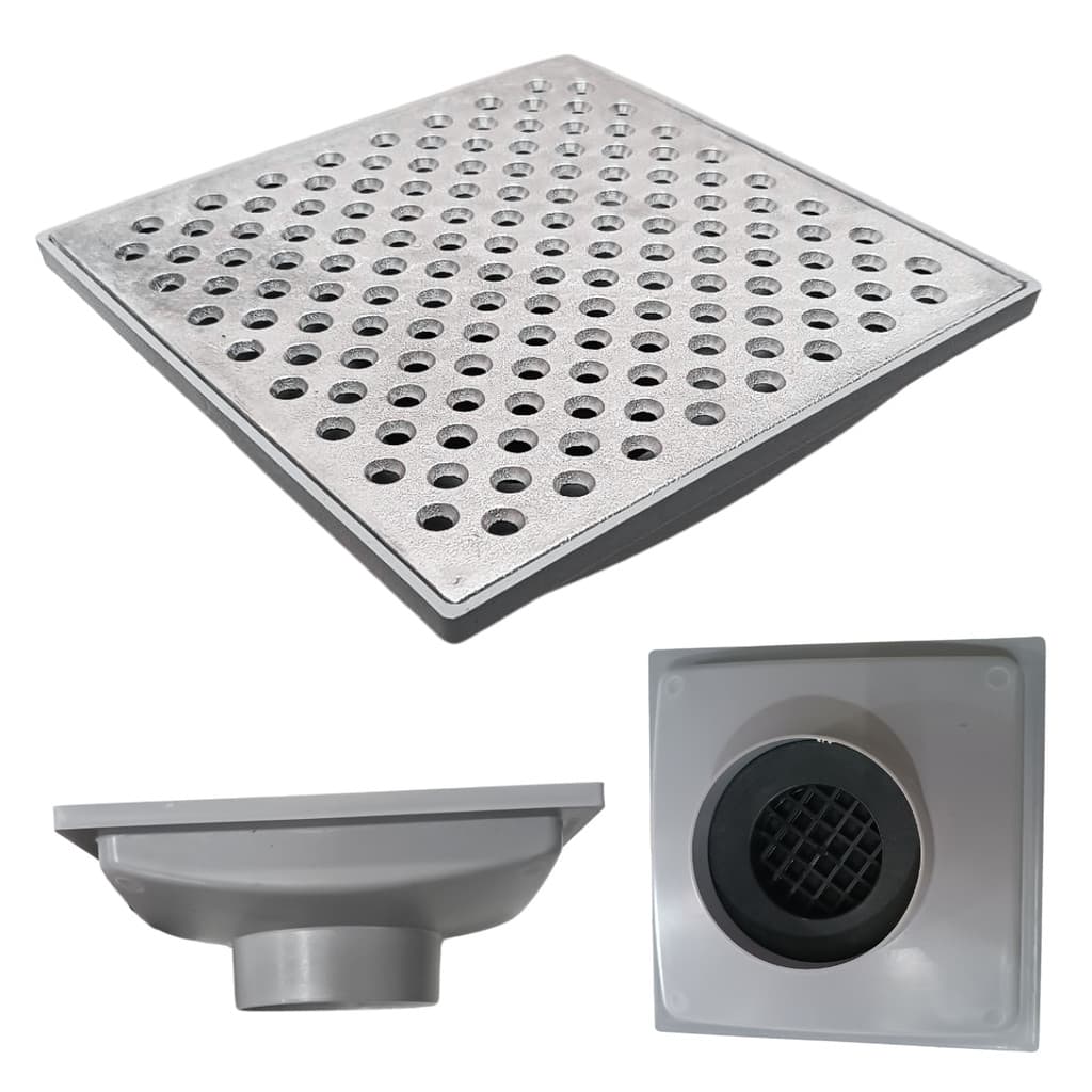 Ralo Anti Cheiro 20x20 Alumínio Perfurado Bolinha Coletor Cinza Saída Baixa para tubo de 100mm