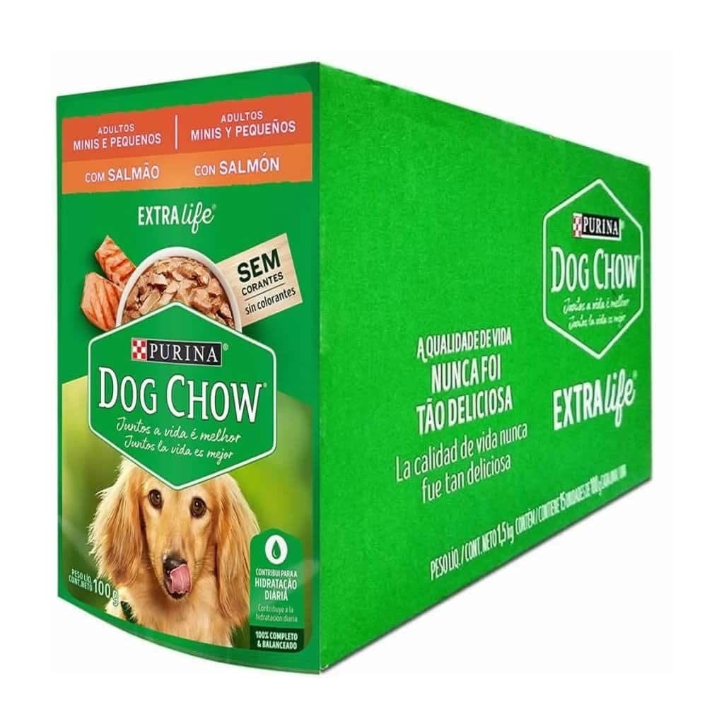 KIT C/ 15 UN Sache Dog Chow Cães Adt Mini/Peq Salmão 100g