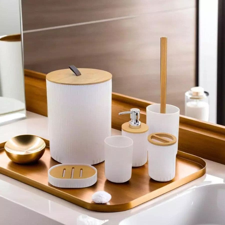 Kit 6 Peças De Banheiro Bambu Saboneteira Escova Sanitária Porta Escova Porta Sabonete Liquido Lixo