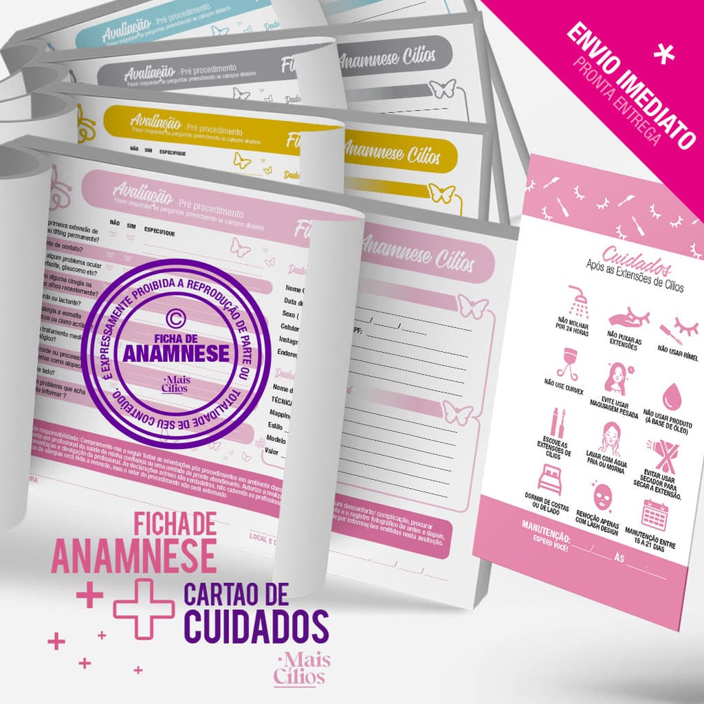 1  Ficha Anamnese Cílios  + Bloco Cuidados com 50 Folhas