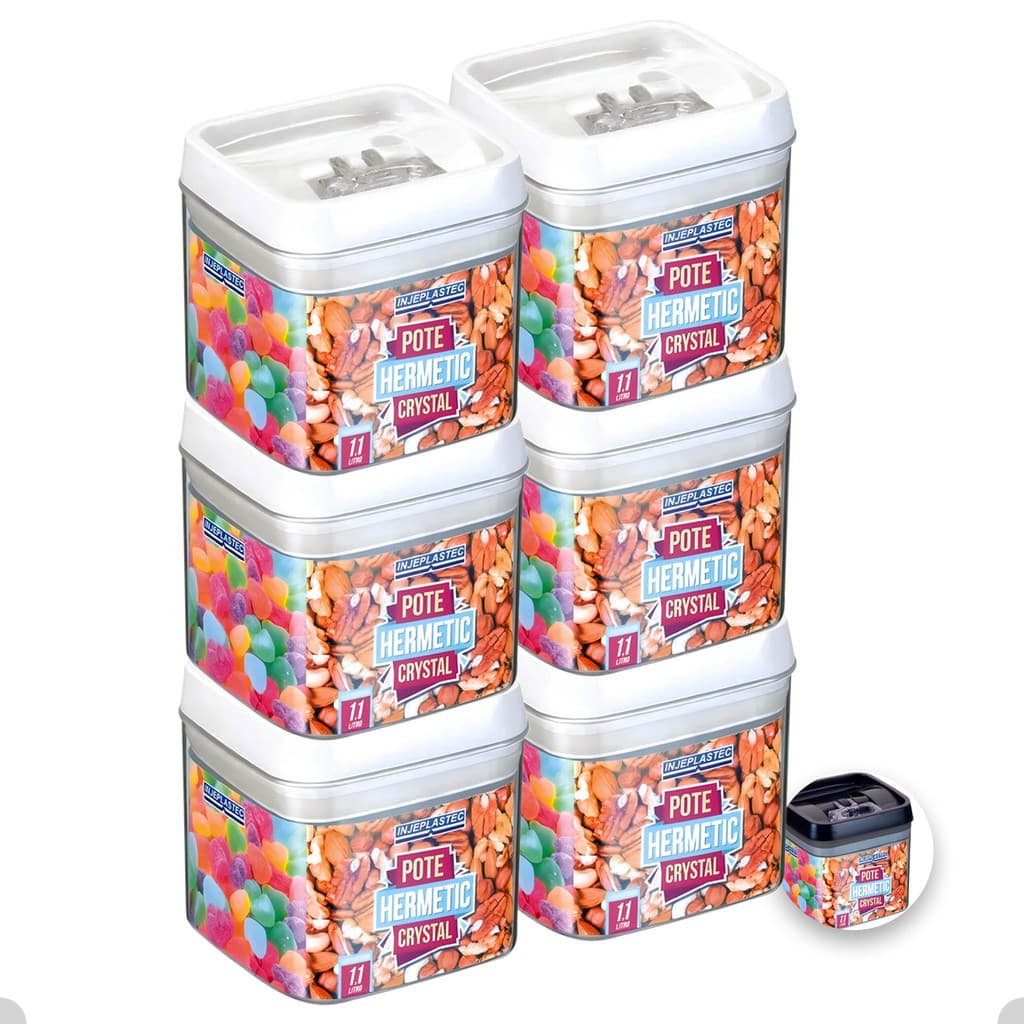 6 Pote Hermético Acrílico Quadrado Pequeno Com Trava 1100 Ml
