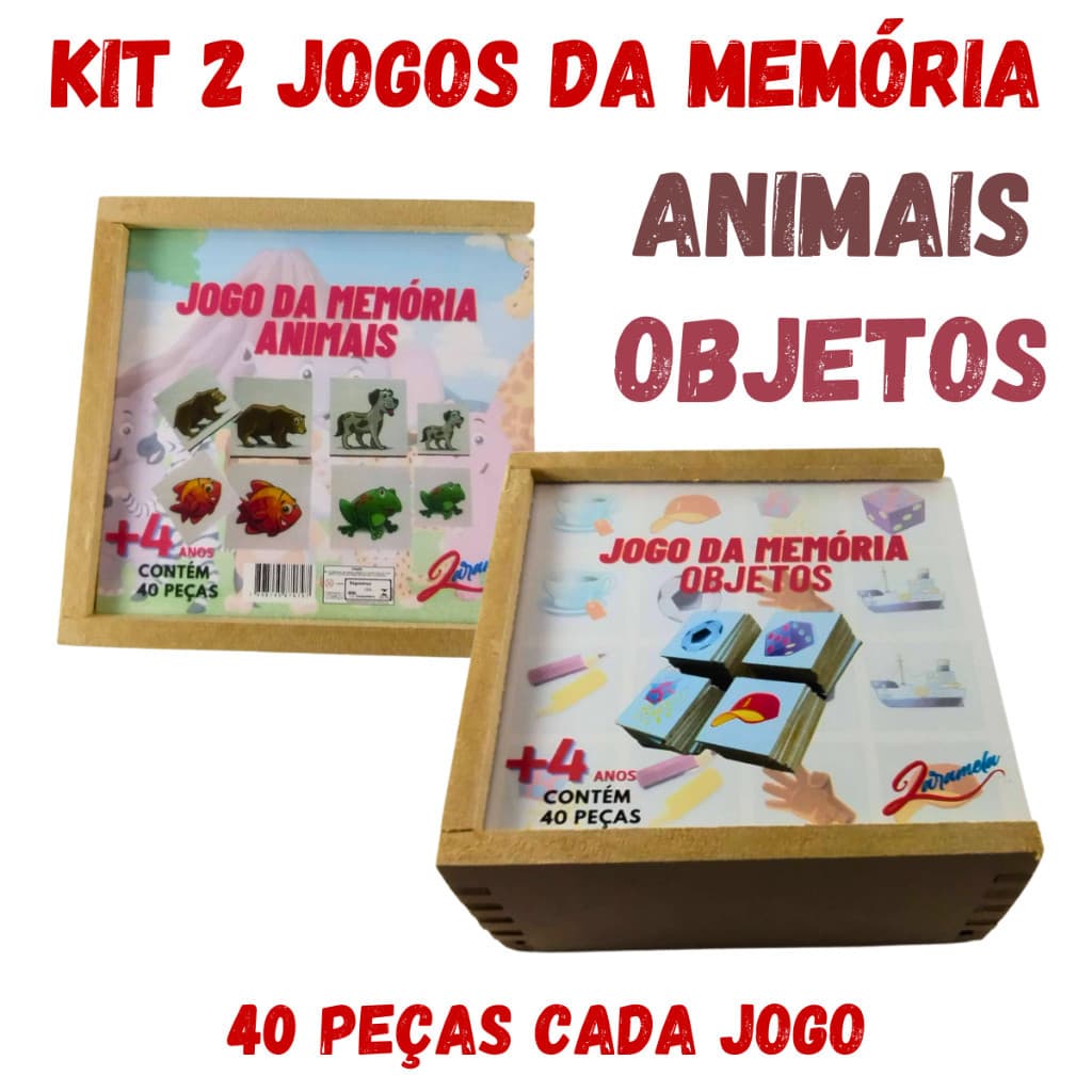 Kit 2 Jogos da Memória Objetos Animais Educação Educativo Pedagógico Raciocínio Alfabetização