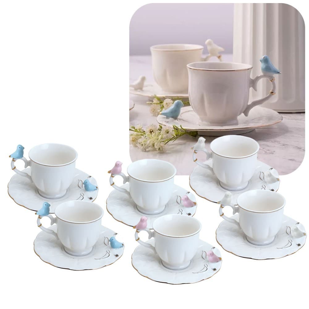 Jogo De 6 Xícaras Com Pires Branca 100ml Birds Passarinhos Porcelana Luxuoso - Wolff