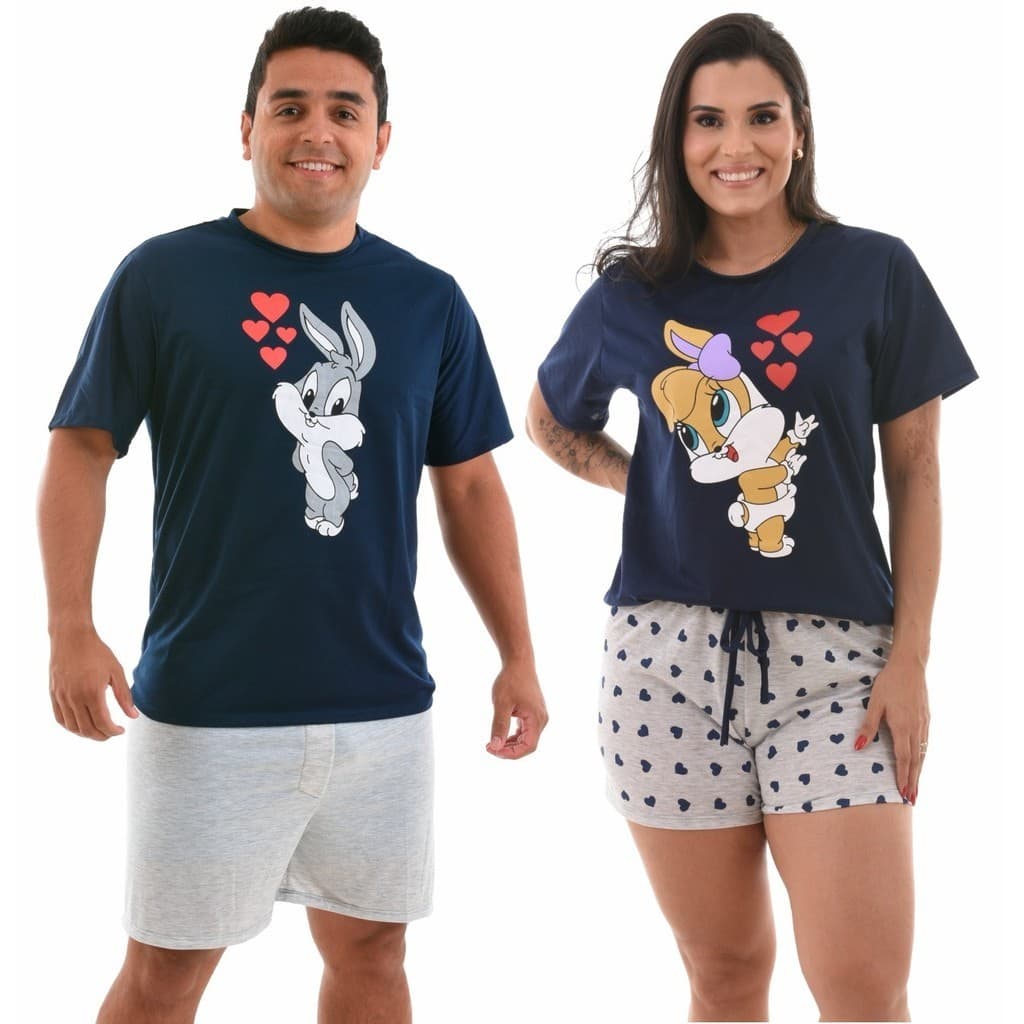 Kit Casal Combinado Baby Doll Feminino Curto Regata e Pijamas Masculino