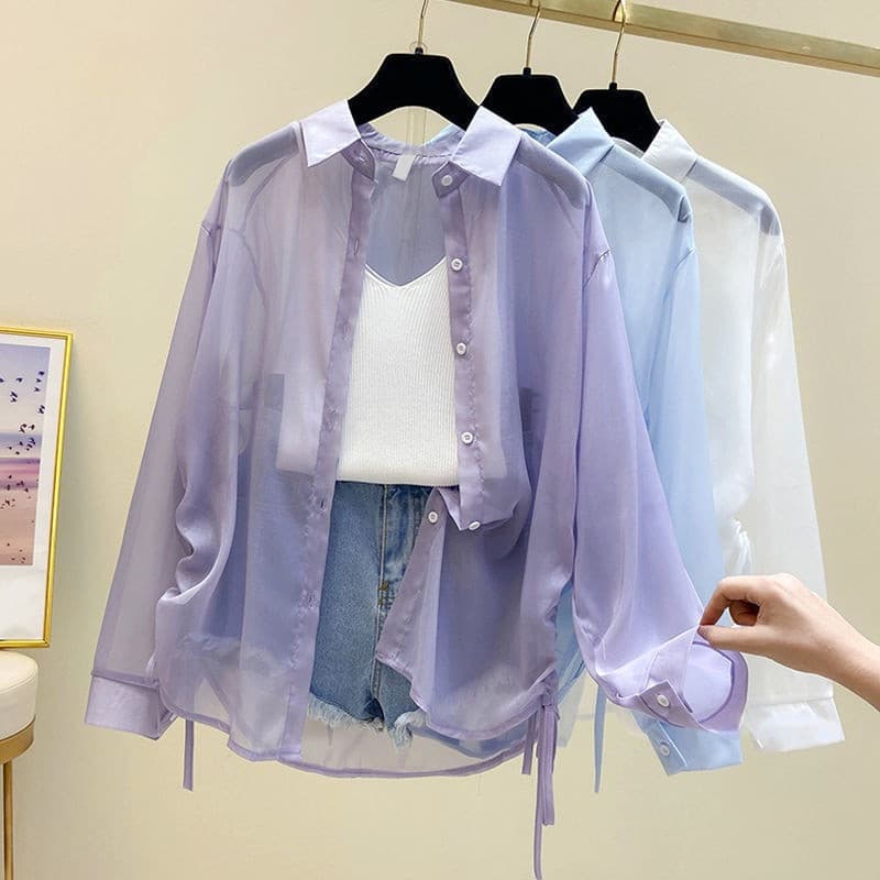 Camisas Mulheres À Prova De Sol Moda Fina De Verão Transparente Casual Retro Doce E Fresco Roupa De Rua Feriado