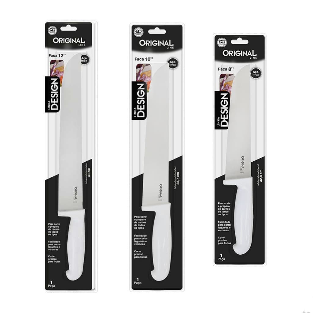Kit 3 Facas Inox 12" 43cm 10" 38,7cm 8'' 33CM Profissional Cozinha Chef Carne Peixe Açogueiro Desing