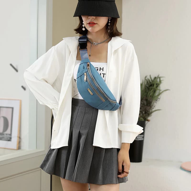 Bolsa Transversal Feminina Pochete em Lona Estilo Coreano Ajustável para Cintura e Peito