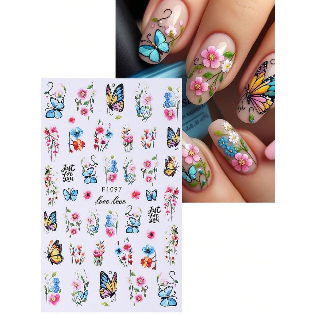 F1097 Adesivos De Arte Em Unhas Florais De Borboleta E Primavera Aquarela-Decalques De Flores Rosa , Azul Laranja Relevo