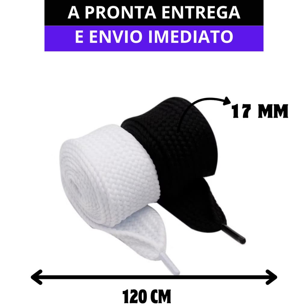 Kit 2 Cadarços Achatados Bboy Fat Lace 17mm 120cm Branco Preto Conforto e Estilo