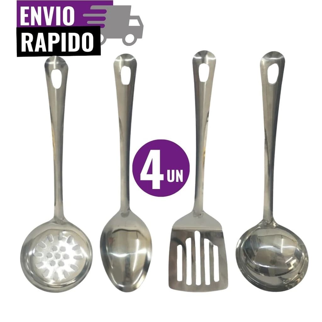 Kit 4 Utensílios de Cozinha Inox Concha Colher de Servir Escumadeira Espátula Vazada Premium