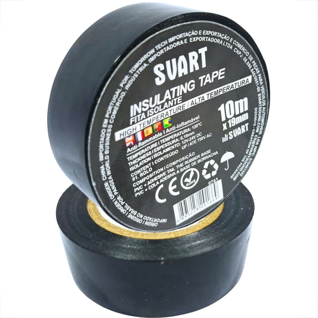 FITA ISOLANTE ALTA TEMPERATURA ANTI CHAMAS USO AUTOMOTIVO 10M X 19MM SVART PRETO LISA