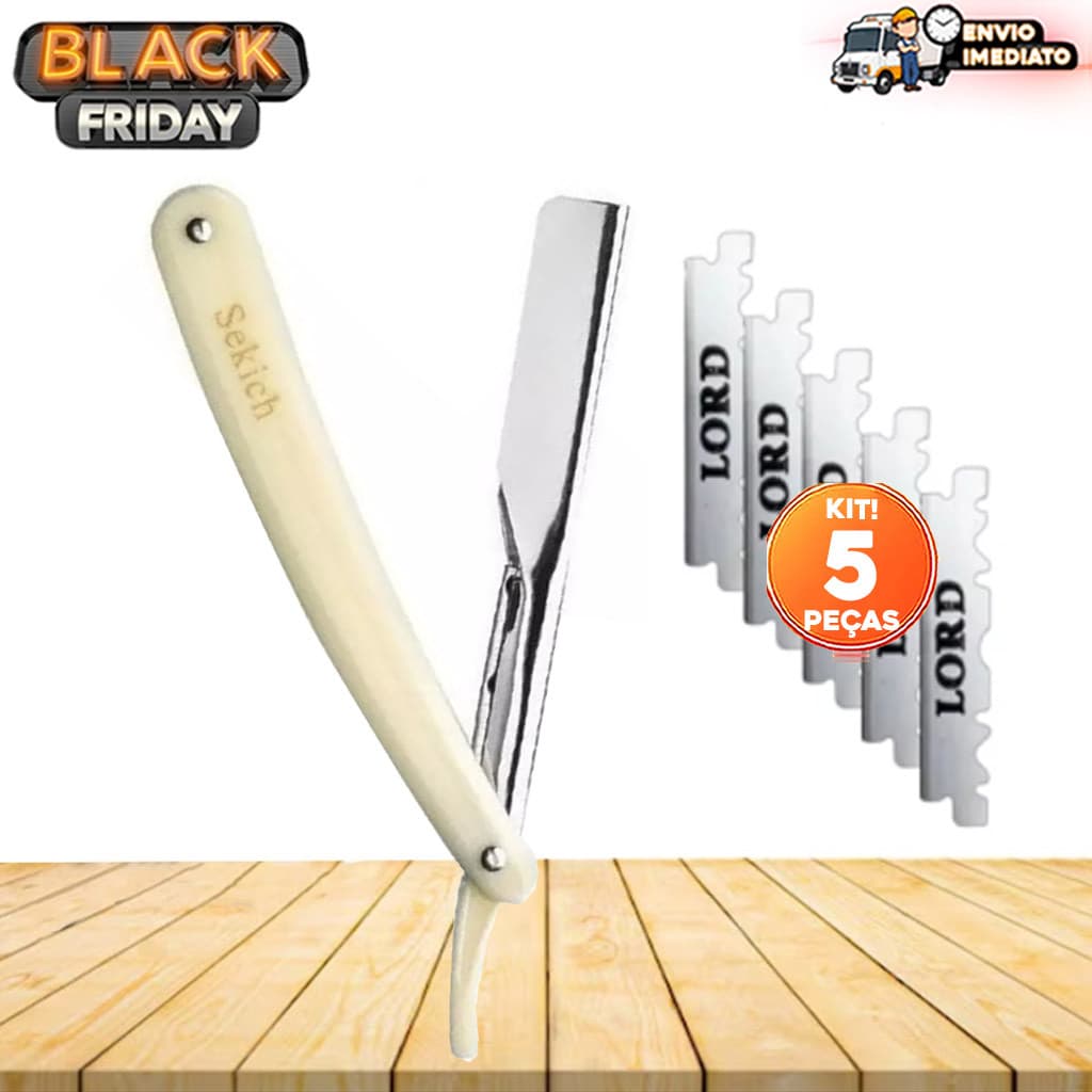 Kit Navalha Navalhete Profissional Barbeiro + 5 lâminas Aço Inox Acabamento Barba Platinum