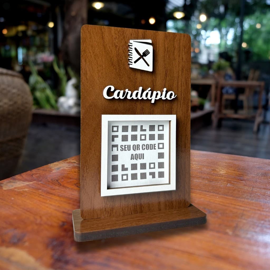 Placa QR Code Para Cardapio Madeira, Display Menu Digital