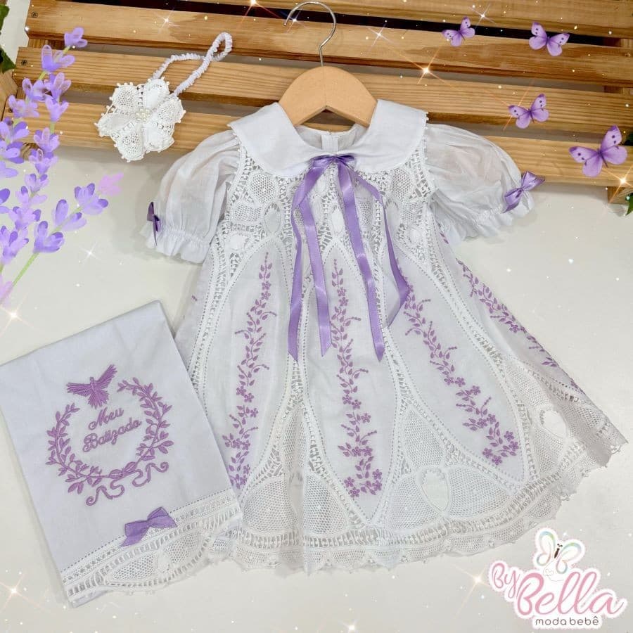KIT BATIZADO INFANTIL VESTIDO MADALENA COM LAVANDA + TOALHINHA