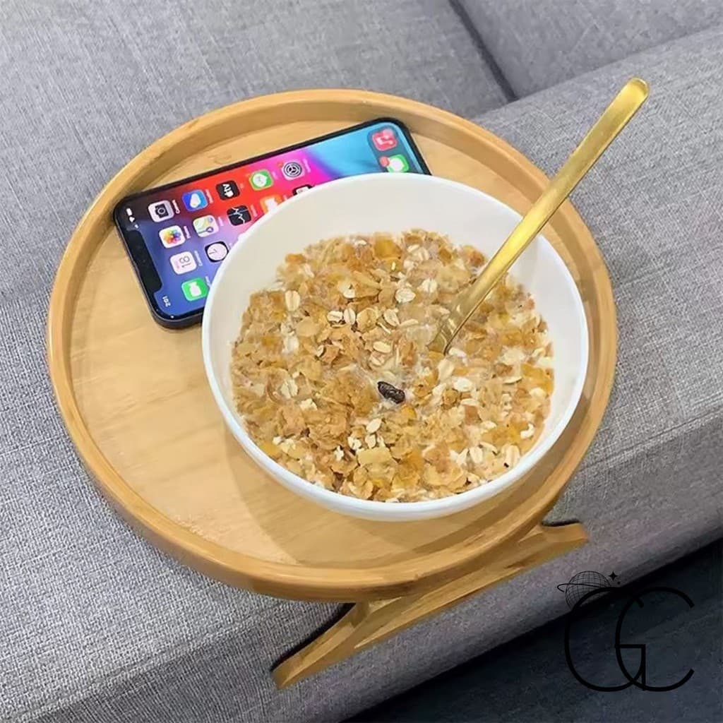 Bandeja de Bambu Redonda para Braço de Sofá com Fixador