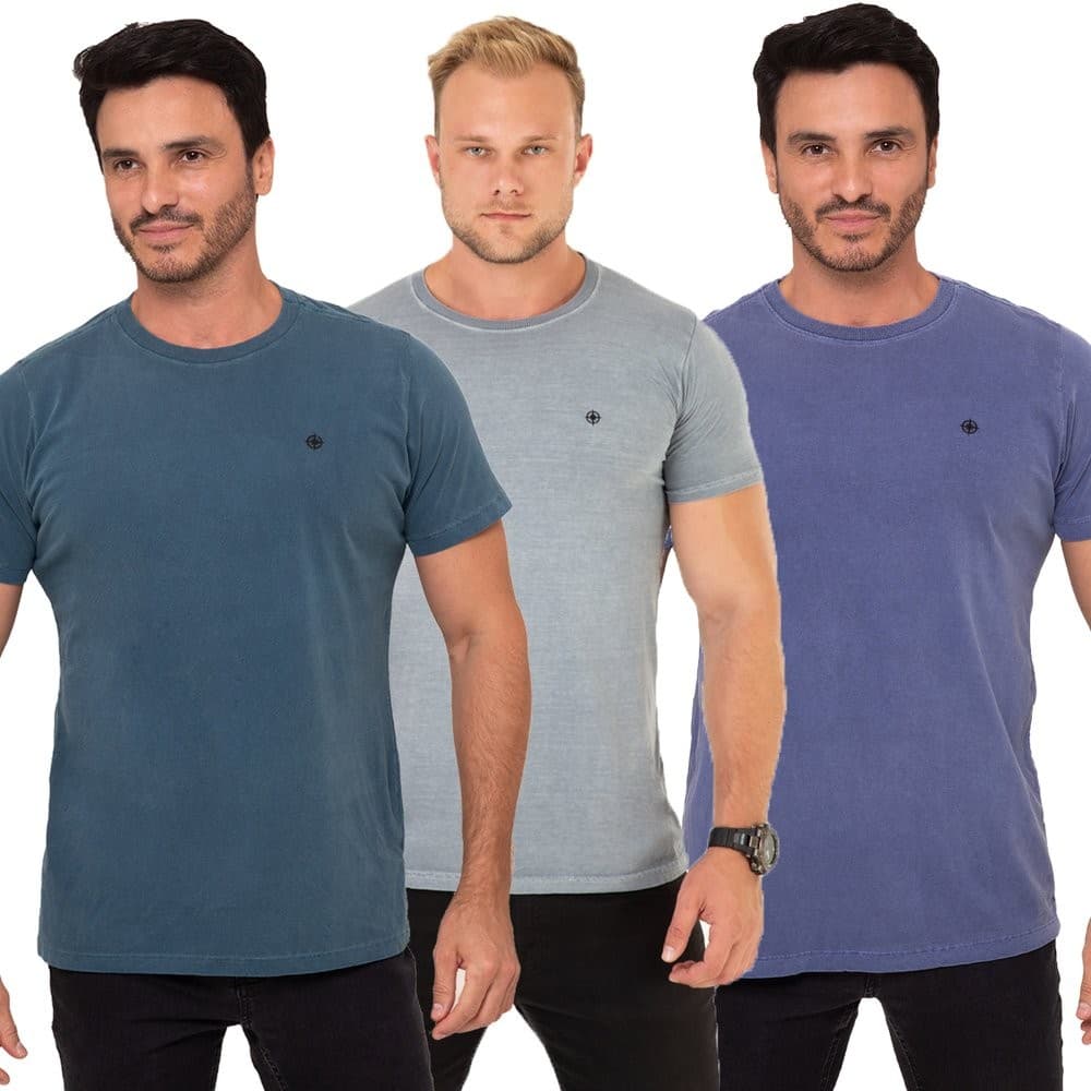 Kit 3 Camisetas Masculinas Estonada Premium Algodão Casual Slim Petroleo Cinza Oceano